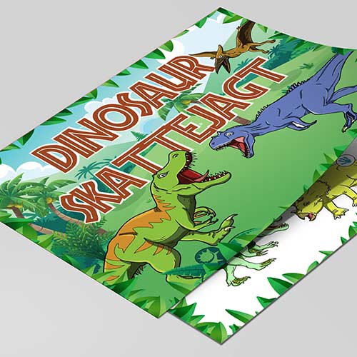 Dinosaur skattejagt til børn 4-5 år med sjove opgaver, spor oversigt, diplom og invitation