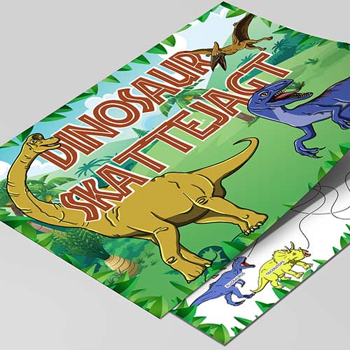 Dinosaur skattejagt til børn 6-8 år med sjove opgaver, spor oversigt, diplom og invitation
