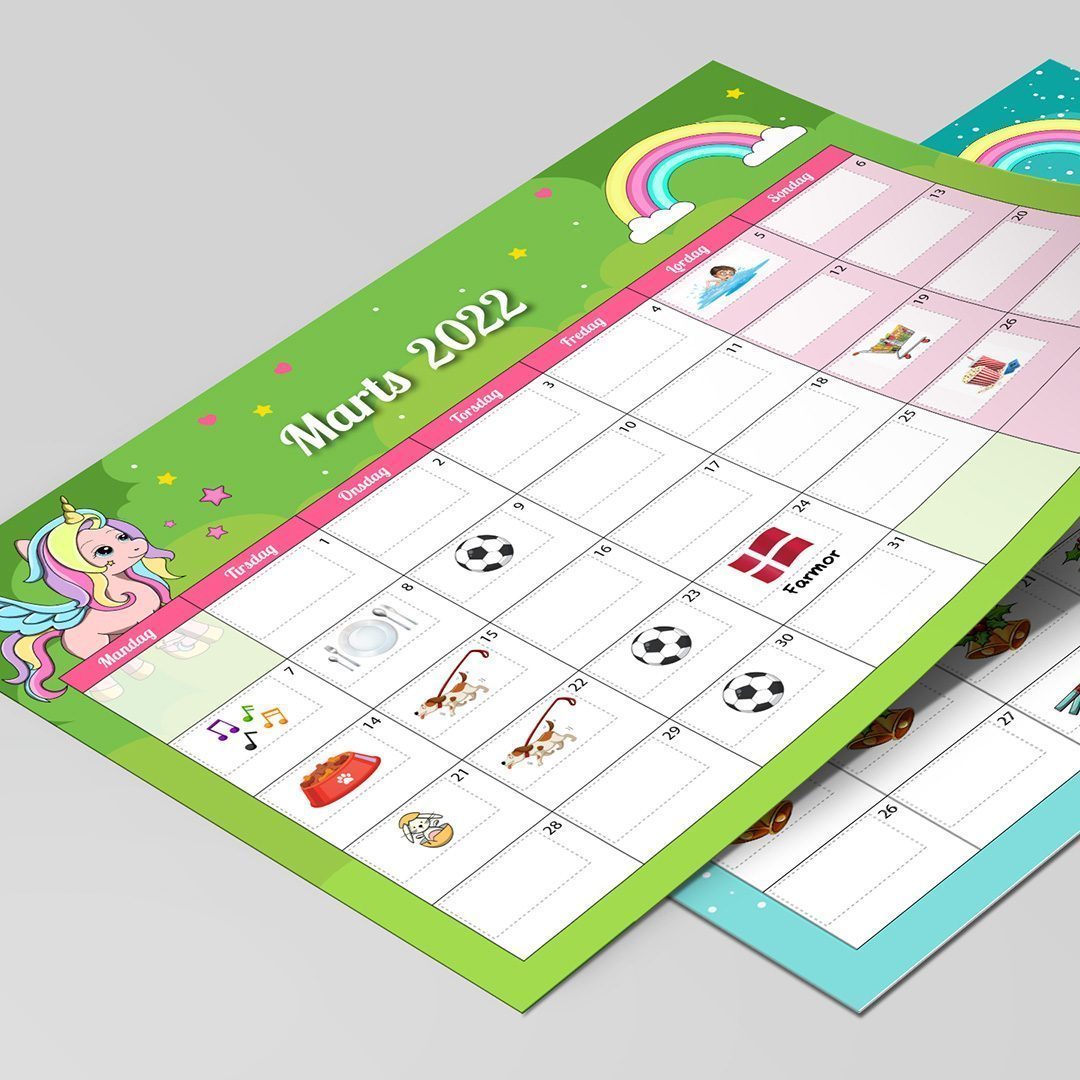 Kalender til børn 2023 i enhjørning tema med mærkater