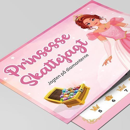 Prinsesse skattejagt til prinsesse fødselsdag til børn 6-8 år med sjove opgaver, sporoversigt, diplom og invitation